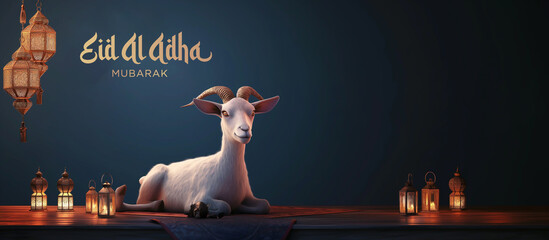 3D illustration of Eid Al Adha. Isolated goat and lantern. Generative Ai