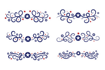 4th of July lettering header Ornate swirls, patriotic red stars, and blue Elegant fancy separators Decorative Elements, American Independence Day Calligraphy Flourishes text dividers