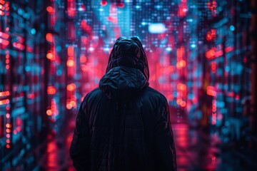 A shadowy character in a neonlit cyber city, their fingerprint technology a vital tool in maintaining digital security , professional color grading - obrazy, fototapety, plakaty