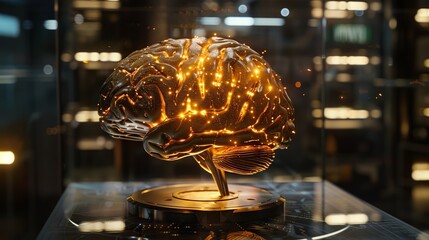 Golden brain with neural networks illuminated, symbolizing the cognitive processes involved in research and discovery on futuristic table