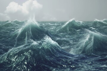 This photo captures a large expanse of water characterized by the presence of powerful waves crashing against one another, An animated portrayal of sea waves forming and crashing, AI Generated