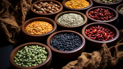 Assortment of different legumes in wooden bowls on black background.