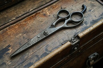 A pair of scissors sits on top of a wooden box, creating a simple and functional arrangement, An antique set of hairdressing scissors resting on a well-worn wooden table, AI Generated