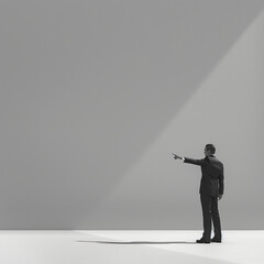 man wearing a black suit standing on a white background, she points to the side with her arm outstretched, a long shadow is cast in the style of her hand