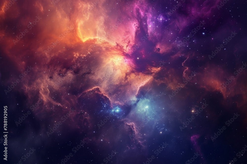 Wall mural a vibrant space scene featuring an array of colorful stars and billowing clouds floating in the sky,