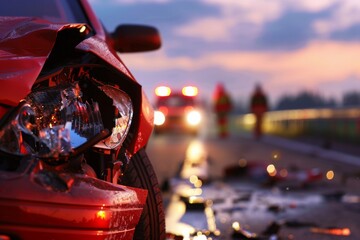 Dramatic crushed front of a red car on the highway at dusk, emergency lights casting a glow Concept of driving dangers and traffic accidents