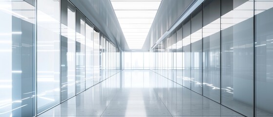 An empty, wide corridor in a futuristic office building, with smart glass walls and interactive floor projections