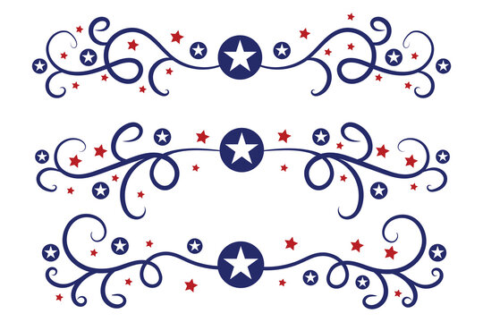 4th of July lettering header Ornate swirls, patriotic red stars, and blue Elegant fancy separators Decorative Elements, American Independence Day Calligraphy Flourishes text dividers