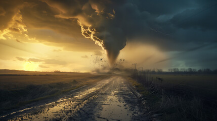 Sky Drama: Majestic Tornado in Rural Landscape with Dramatic Light
