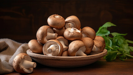 Fresh champignon mushrooms in a bowl on a wooden table.