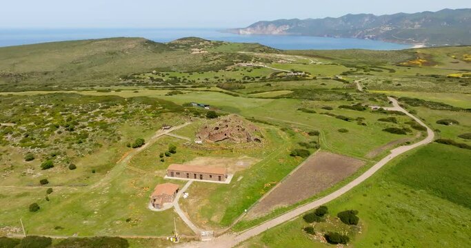 Aerial view of the Seruci nuragic complex. It is an important archaeological site from the Bronze and Iron Ages, located in the territory of the municipality of Gonnesa, in southern Sardinia, Italy.