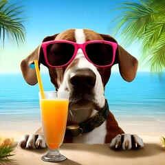 A dog with a big nose with a good-natured appearance on vacation in sunglasses with a cocktail in a glass with a straw against the backdrop of the blue ocean and palm leaves