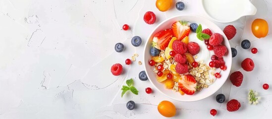 Fresh fruits served with muesli, milk, and yogurt, along with a blank space for writing.