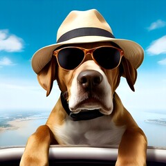 A big nose dog with a serious appearance on vacation wearing sunglasses and a hat against a background of blue sky and terrain, top view