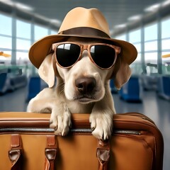 A dog with a big nose in sunglasses and a hat at the airport puts his paws on a brown bag and guards it