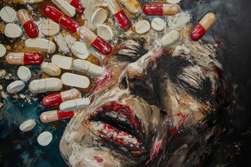 A unique artwork featuring a man with pills arranged on his face in a thought-provoking manner, An artwork showing the physical dependency caused by opioids, AI Generated