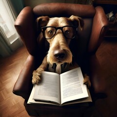 A dog with a big nose in glasses sits in a high chair, reads a book in the living room