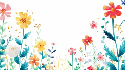 Floral patterns around edges. Beautiful background with delicate plants blooming at edges on white backdrop. Horizontal border with pastel spring summer flowers