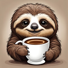 Naklejka premium Funny cartoon drawing of a happy sloth having a morning coffee. Amazing digital illustration. CG Artwork Background