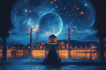 View from window on the muslim mosque and the crescent moon at night copy space for text