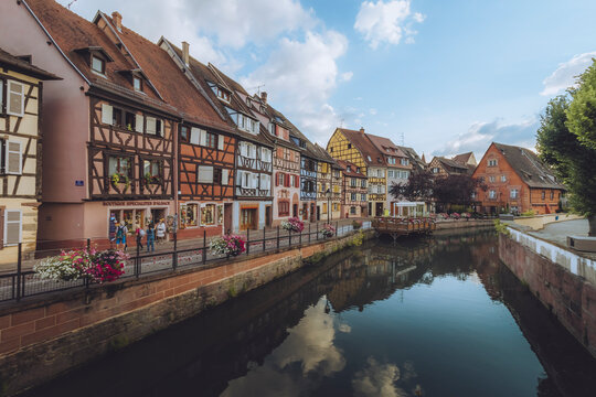 View of beautiful aerial perspective of Colmar with water, Petit Venice, Quai de la Poissonnerie, Alsace, France.