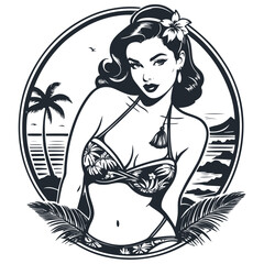 Beautiful woman in a swimsuit on the background of a beach with palm trees, vector illustration - obrazy, fototapety, plakaty