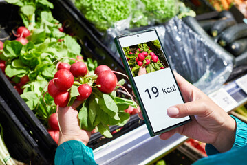 Checking calories on radish vegetable with smartphone