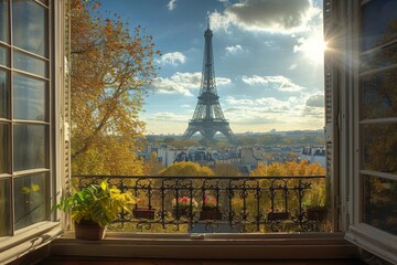 A window frame with a clear view of the iconic Eiffel Tower in Paris, France, An Eiffel Tower view from a Parisian apartment, AI Generated