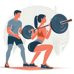 Abstract Minimalist Illustration: Woman Doing Barbell Squats with Trainer
