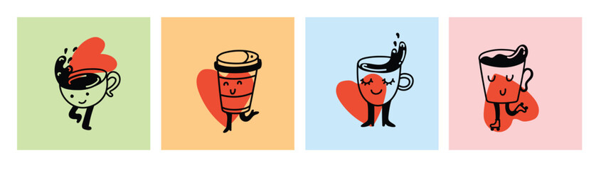 Retro doodle funny coffee characters with hearts posters. Vintage drink vector illustration. Latte, cappuccino, coffee cup mascot. Nostalgia 60, 70s, 80s. - 788195556