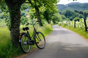 Fototapeta premium A bike is leaning against a tree on the side of a road, creating an image of a peaceful countryside scene, An electric bike in a serene countryside, AI Generated