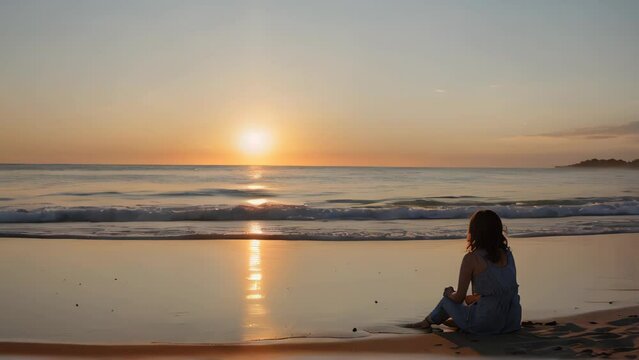 WOMAN SITTING ON THE SAND AT THE SEASHORE. VIDEO. HORIZONTAL.