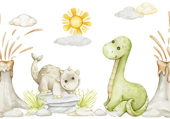 Dinosaurs, volcano, sun, rocks, seamless pattern