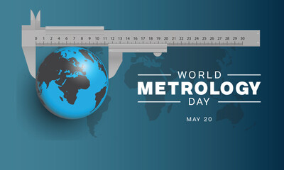 World Metrology Day design. It features a world globe and a Metric Vernier Caliper. Vector illustration