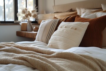 home bedding room interior pillow design bedroom furniture comfortable apartment white decor modern blanket
