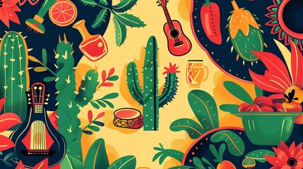 Mexican background with cacti and tequila