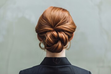 A woman with vibrant red hair styled in a neat low bun, An elegant chignon style from the perspective of a behind-the-scenes hairstylist, AI Generated