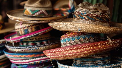 stack of straw sombreros with colorful pattern