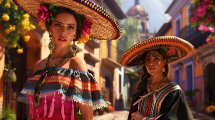 Mexican beautiful women in dresses and sombreros
