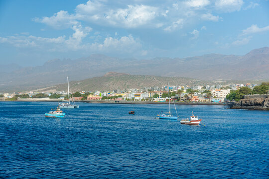 View of a boats in the bay of Porto Novo, island of Santo Anta, Cape Verde.