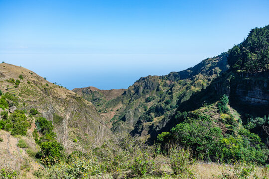 View of green mountain ridges on Santo Antao island, Cape Verde.