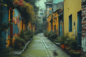 Fototapeta premium wet street with a yellow building