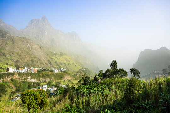 View of warm-toned green mountain valley during sunrise, mountain background, Santo Antao island, Cape Verde.