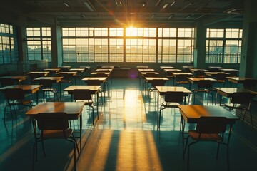 An unoccupied classroom featuring rows of desks and large windows, An empty classroom at sunset, with long shadows creeping across the desks, AI Generated