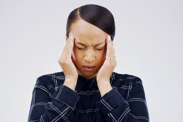 Woman, headache and pain in studio, worry and burnout or anxiety for mental health on gray background. Female person, risk and sad for fail or mistake, migraine and distress on mockup space or stress