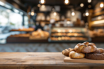 Weathered wooden product table display, bakery shop on background