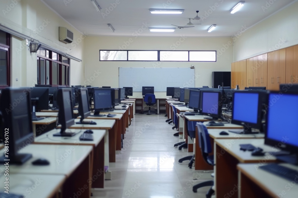 Poster a room filled with multiple computer monitors, an empty classroom with rows of computers, symbolizin