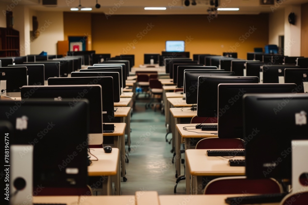 Poster a photo showing multiple rows of computer desks neatly arranged in a spacious room, an empty classro