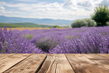 Weathered wooden product table display, lavender fields on background