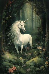 Vintage Antique old illustration of a white unicorn in a green forest style oil painting realistic art wall print background, invitation card, fairytale, children's book